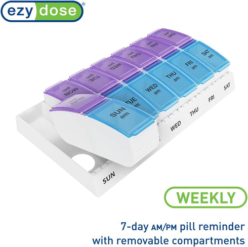 Ezy Dose Weekly AM/PM Pill Organizer, 7-Day Vitamin Box, Small Pop-out Compartments, Blue and Purple Lids