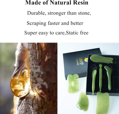 7 Pieces Gua Sha Scraping Massage Tool Set, Natural Resin GuaSha Tool for Face, Back, Neck, with Storage Bag (Green)