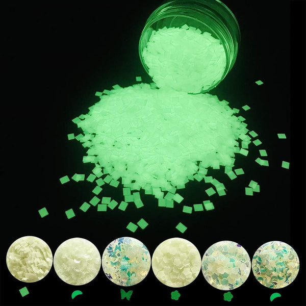 PrettyG 6 Boxes Set Luminous Nail Art Glitter, Glow in The Dark 3D Sparky Moon Butterfly Flower Stickers for DIY Craft