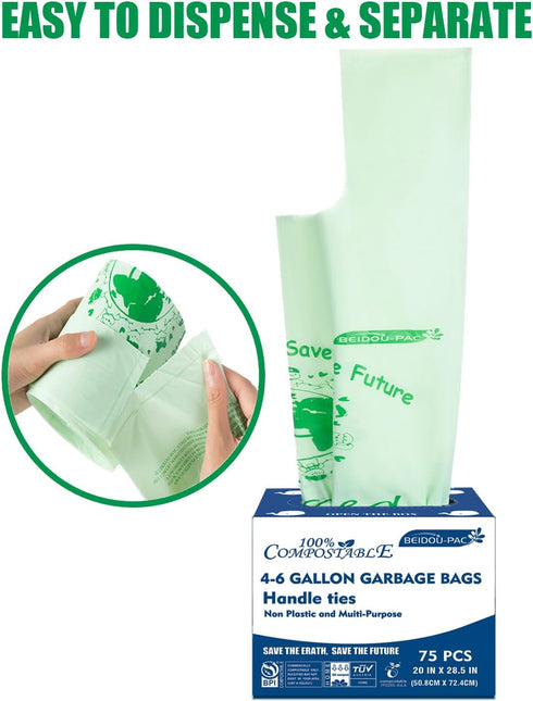 4-6 Gallon Compostable Trash Bags, 75 Count, Sturdy Biodegradable Garbage Bags with Handle