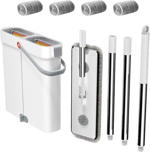 CTIME Flat Mop and Bucket Set with WringerWet and Dry UseHands-Free Flat