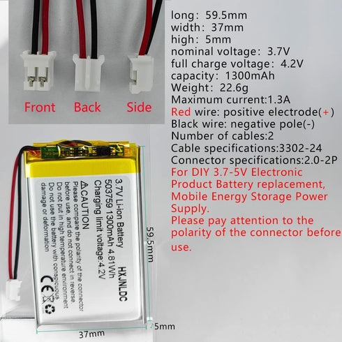 DC 3.7V 1300mAh 503759 rechargeable lithium polymer replacement battery for DIY 3.7-5V electronic product, mobile energy storage power supply