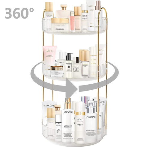 Rotating Makeup Organizer for Vanity 3 Tier, High-Capacity Skincare Clear Make Up Storage Perfume Organizers Cosmetic Dresser Organizer Countertop 360 Spinning (Clear)