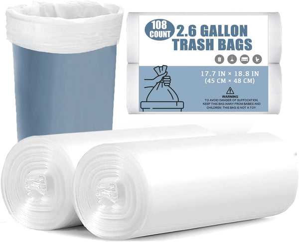 108 Count Small Trash Bags, 2.6 Gallon White Liners for Bathroom Office Bedroom Kitchen