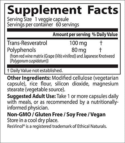 Doctor's Best Trans-Resveratrol with Resvinol, Non-GMO, Vegan, Gluten Free, 100 mg, 60 Veggie Caps
