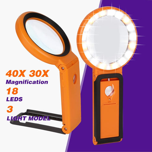 30X 40X Magnifying Glass with Light and Stand, Foldable Handheld Illuminated Magnifier for Reading and Close Work