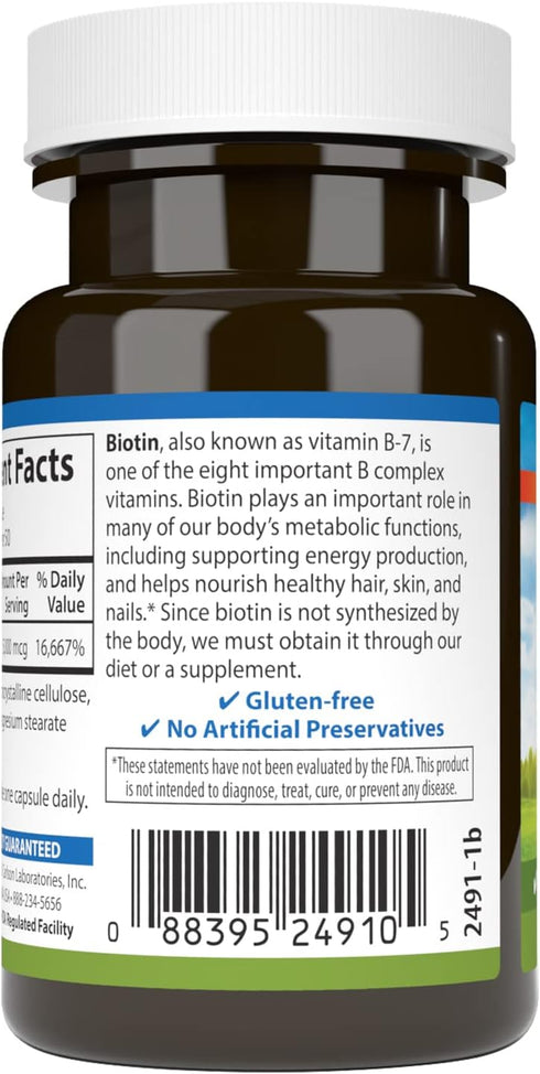 Carlson Biotin 5000 mcg - 50 Capsules for Healthy Hair, Strong Nails & Energy Production.
