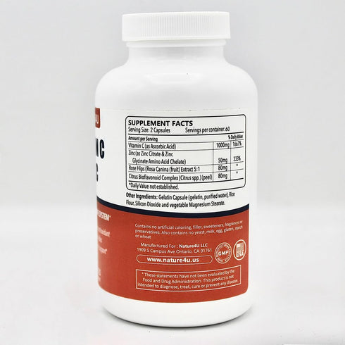 Vitamin C 1000mg with Zinc, Rose Hips and Citrus Bioflavonoids, Immune Support Supplement Antioxidants Protection, 120 Capsules