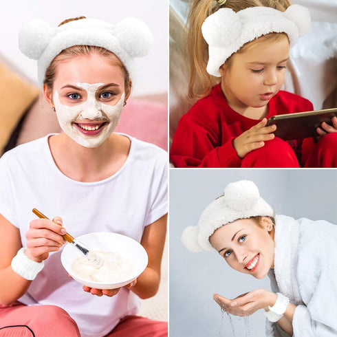 AHONEY Spa Bear Ears Headband Set, Cute Makeup & Skincare Wristbands for Washing Face, Elastic Hair Band (White)