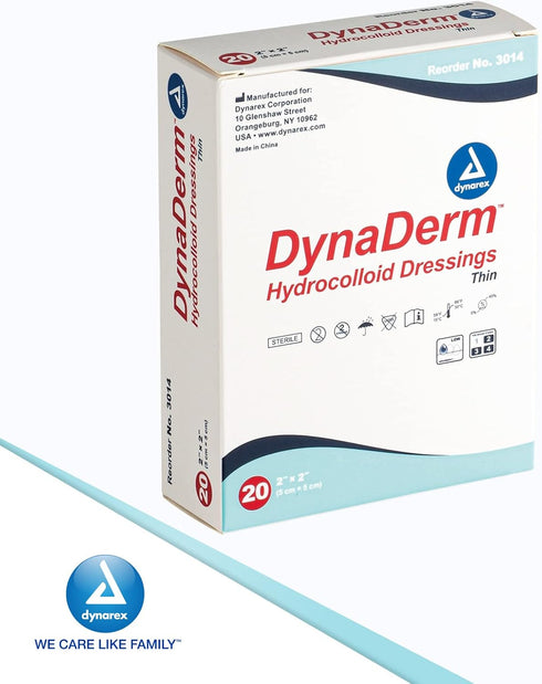 Dynarex DynaDerm Hydrocolloid Dressing, Sterile Moist Bandages, 2" x 2", Pack of 20, Latex-Free