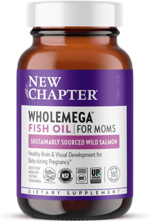 New Chapter Wholemega for Moms Fish Oil Supplement - Prenatal DHA with Omega-3 + Vitamin D3, 180 ct, 500mg Softgels