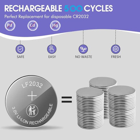 volkate 2032 CR2032 5 Pack LF2032 3V ML2032, DL2032, CR2032H, BR2032 Rechargeable Battery with Charger, Lithium Coin