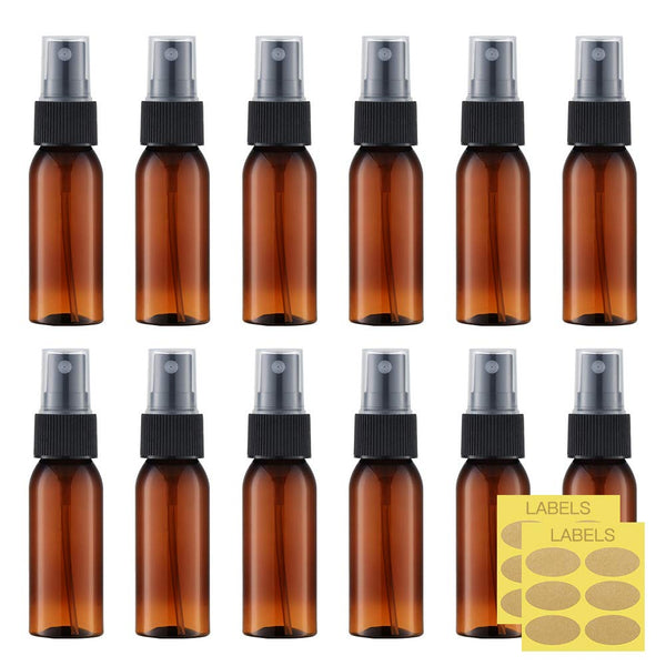 LISAPACK 1oz Amber Small Plastic Spray Bottle, 12 Pack, Mini Fine Mist Travel Size Atomizer, Brown