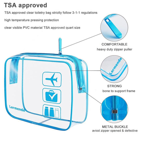 Lermende 2pcs Clear Toiletry Bag TSA Approved Travel Bag for Airport Airline Accessories (Blue, 3 Pack)