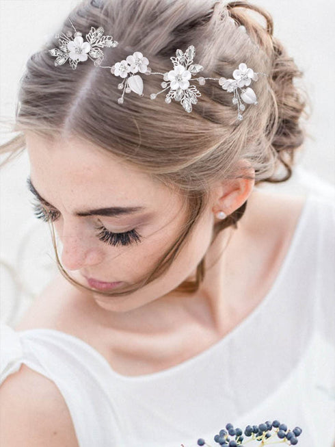 Unicra Silver Bridal Hair Vine Flower Piece, Leaf Party Hair Accessories, Crystal Hair Jewelry Rhinestone Headpieces