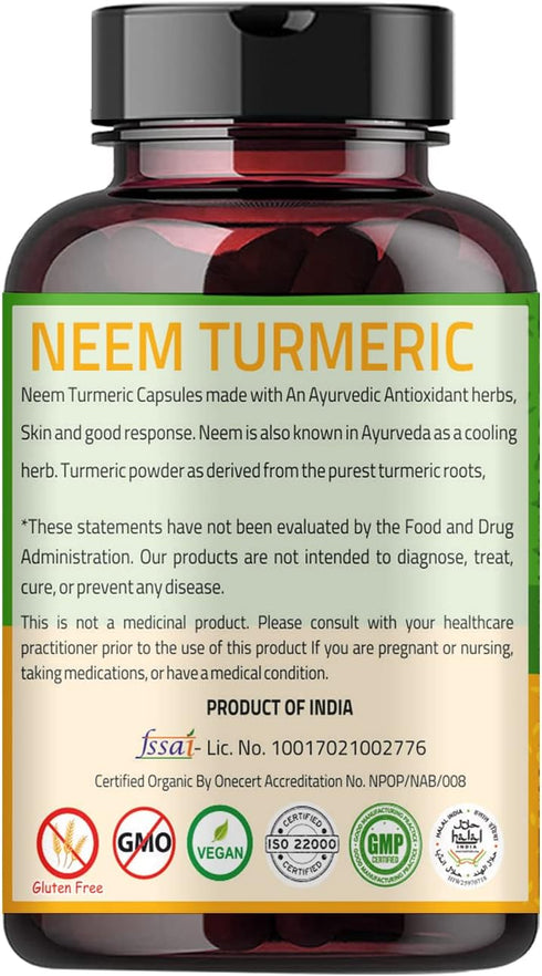 Neem Turmeric Capsules | 90 Capsules 1000mg | Neem Capsules made Black Pepper Neem, Turmeric, & Black Pepper | (90 Capsules)
