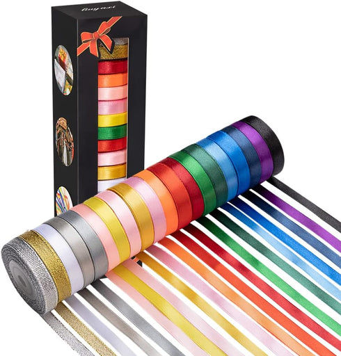 20 Colors 300 Yard Double Faced Rainbow Satin Ribbon, 18 Rolls & 2 Glitter Metallic, 3/8" X 15 Yard for Craft Projects