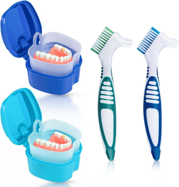 2 Pack Denture Bath Case Cup Holder, Storage Container with Cleaner Brush for Travel Cleaning (Light Blue and Blue)