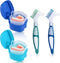 2 Pack Denture Bath Case Cup Holder, Storage Container with Cleaner Brush for Travel Cleaning (Light Blue and Blue)