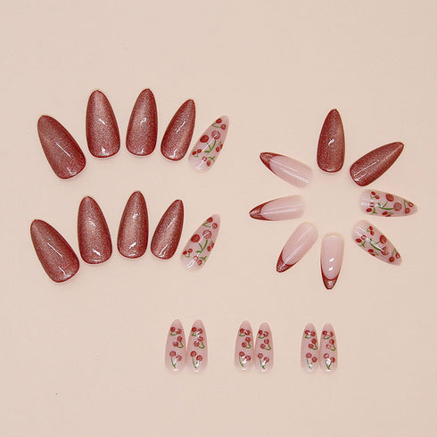 Press on Nails Medium Almond SWEKKE - Magnetic French Tip Fake Nails with Cherry Designs, 24Pcs Glossy Acrylic