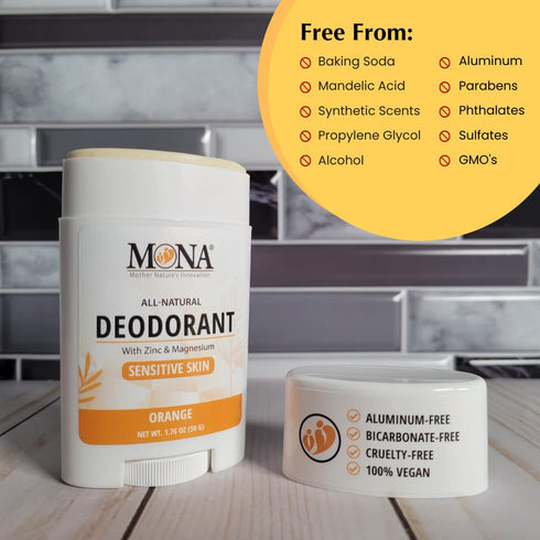 MONA BRANDS All Natural Deodorant - For Sensitive Skin, No Aluminum or Baking Soda (2-Pack, ORANGE 1.76 Oz each)