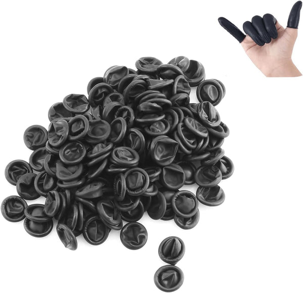 150pcs Disposable Latex Finger Cots Protective Fingertips Gloves Rubber Fingerstall Sleeves 65mmx25mm (Black)