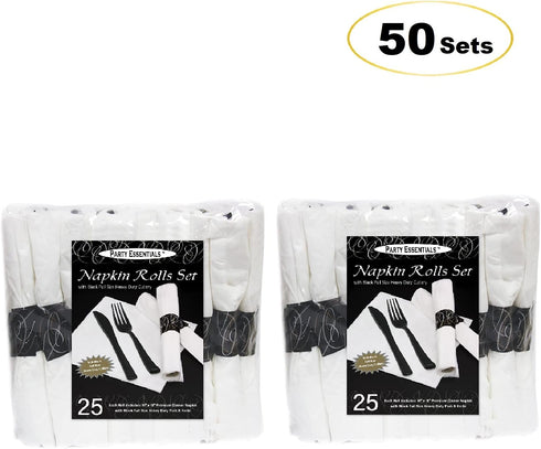 Party Essentials Wrapped Silverware Set, Disposable Pre Rolled Napkin and Cutlery, Forks/Knives Black, 50 Units
