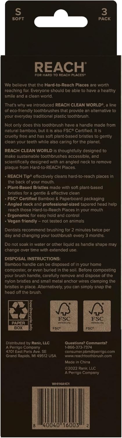 Packaging, 3 Count Reach Clean World Natural Bamboo Toothbrush, Soft Plant-Based Bristles, FSC Certified Bamboo