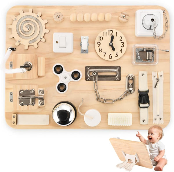 Wooden Busy Board for Toddlers - Montessori Sensory Activity Board for Fine