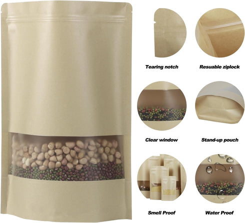 100 Pcs Resealable Kraft Paper Bags,Stand Up Pouches Bags with Matte Window, Zip Lock Food Storage Bags,Scratch Resistant Hand Self Sealing Bags. (Kraft Paper, 3.9×5.9 Inch) by Mstar Pack