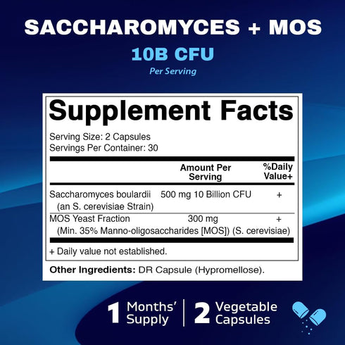Vitamatic Saccharomyces Boulardii Probiotic 10B per Serving + Yeast Extract (MOS Yeast Fraction) 300 mg - 60 DR Capsules - Made in The USA