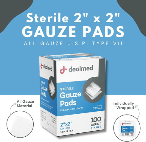 Dealmed 2’’ x 2’’ Sterile Gauze Pads, 100 Count, Disposable and Individually Wrapped for First Aid
