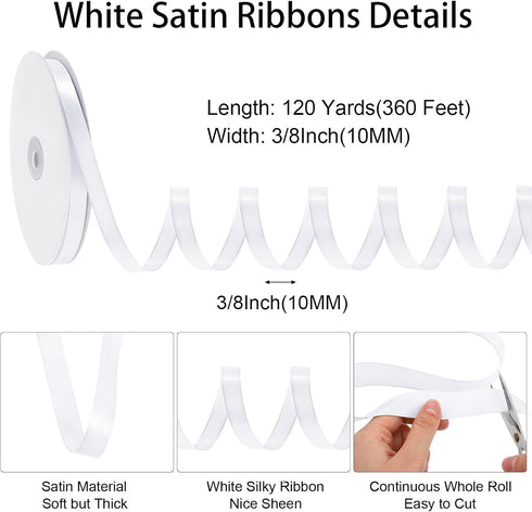 White Ribbon 120 Yards 3/8 Inch Thin White Satin Ribbon Polyester Fabric Ribbon for Gift Wrapping Flower Bouquet Bow Making Wedding Party Birthday Decoration by woric