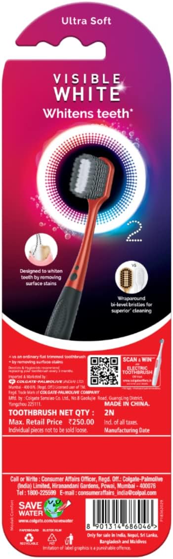 O2 2 Colgate Visible White Manual Toothbrush for Adults- Pcs, Helps Prevent Bad Breath, Cavities, Enamel & Gum