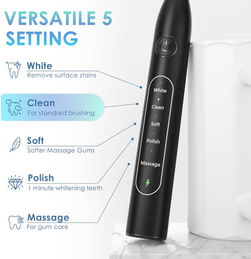 SunnyNest 8 5 IPX7 Set Electric Toothbrush for Adults with Replacement Brush Heads, Travel Bag, Cleaning Modes