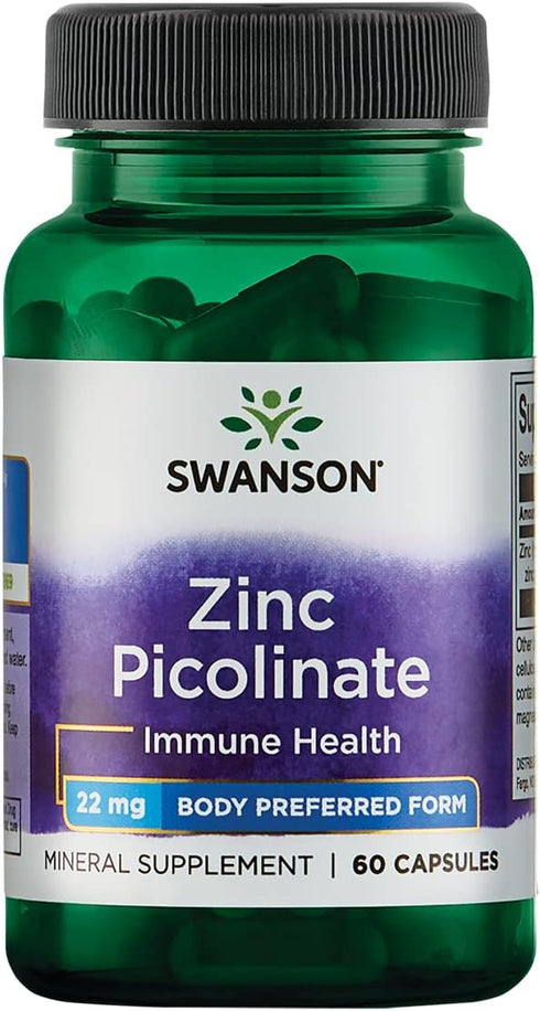 Swanson Zinc Picolinate, Mineral Supplement for Prostate Health, Vision Health & Immune Support, 60 Capsules, 22mg Each