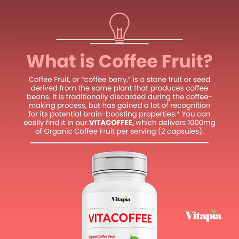 Vitacoffee Caffeine Pills - 60 Veggie Capsules - Coffee Fruit, Vitamin C, D, Zinc Gluconate - Energy, Memory, Focus,