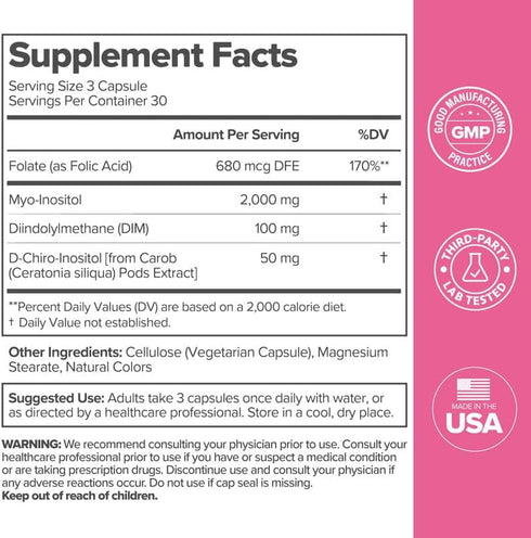 FLO Ovarian Health Support Supplement, Inositol with DIM, Myo-Inositol, D-Chiro Inositol, 30 Servings