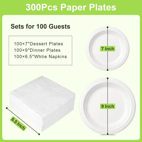Set, 7-inch, 9-inch 100 Disposable Paper Plates Eco friendly Heavy Duty Plates and Napkins Party Supplies, Compostable