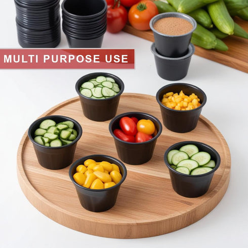 50 Pack 4oz Portion Cups plastic containers disposable small tiny dipping shot Black food serving sauce 4 ounce oz mini bowls individual dessert jello snack souffle salsa dip jars party by FAMASTON