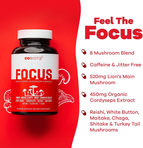 GOBIOTIX Focus Mushroom Supplement Complex - Nootropic Adaptogen Brain Booster Pills for Memory, Clarity, Energy, Immune Support, Lions Mane, Cordyceps, Reishi, Chaga, and Maitake - 90 Capsules