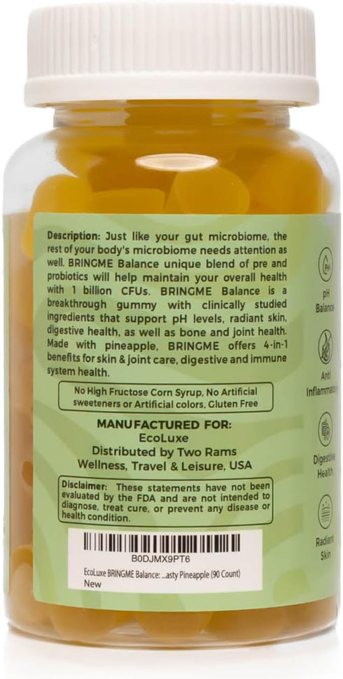 Gummies 90 Count BRINGME Balance Pre & Probiotic Pineapple, Collagen, Pre & Prebiotics for pH Balance, Gut & Skin