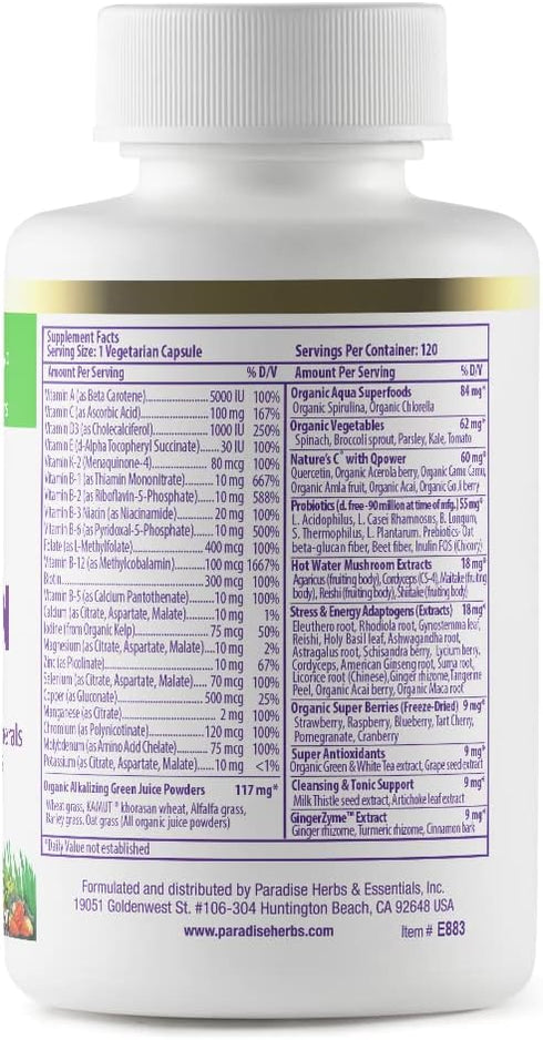 Paradise Herbs Earth's Blend Multivitamin, No Iron, 48 Organic Superfoods, Probiotics, Antioxidants, Daily Superfood
