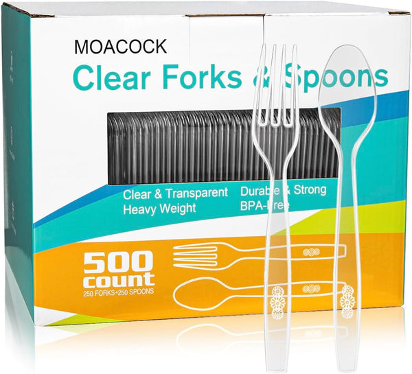 500 Count Heavy Weight Plastic Silverware, Disposable Forks Spoons Cutlery Set for Wedding Party Supplies