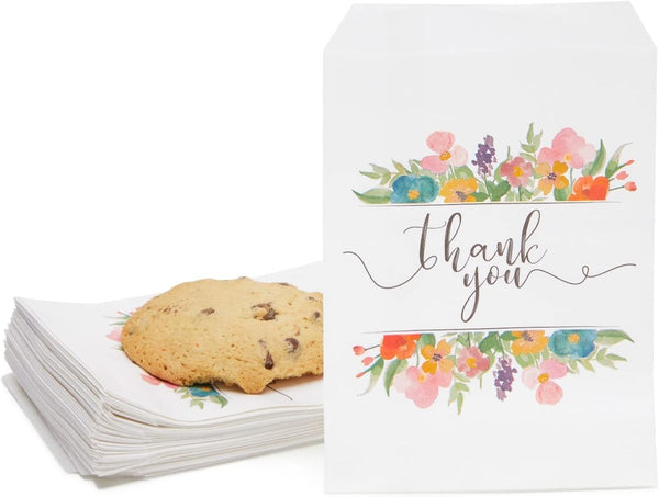 100 Pack Paper Cookie Bags - 7.5 x 5 Inch for Party Favors, Treats, and Candy with Floral Thank You Design