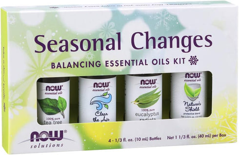 NOW Essential Oils Seasonal Changes Aromatherapy Kit, 4x10ml with Tea Tree, Eucalyptus, Clear the Air, Nature’s Shield