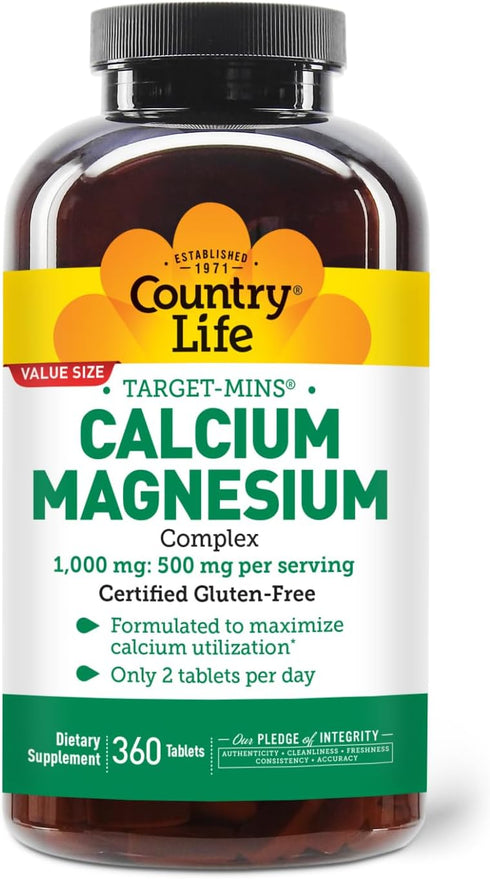 Country Life Target-Mins Calcium Magnesium Supplement for Bone Health, 1000mg Calcium, 500mg Magnesium