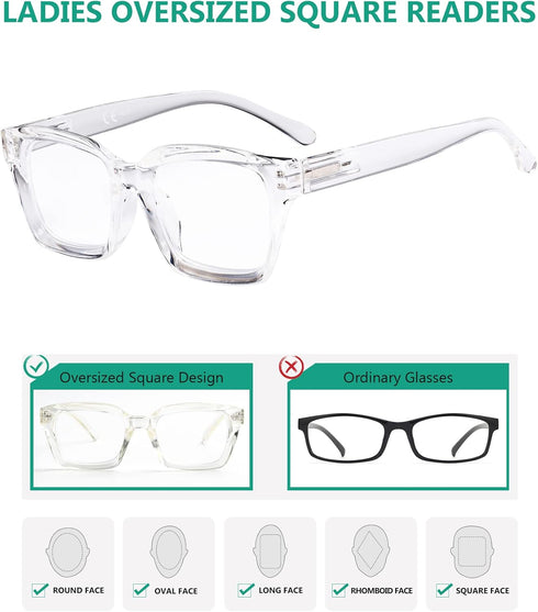 Eyekepper Ladies Reading Glasses, Oversized Square Design Readers for Women, Transparent