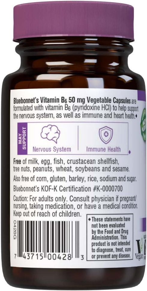 Bluebonnet Vitamin B6 50 Milligrams, 90 Capsules for Energy Support