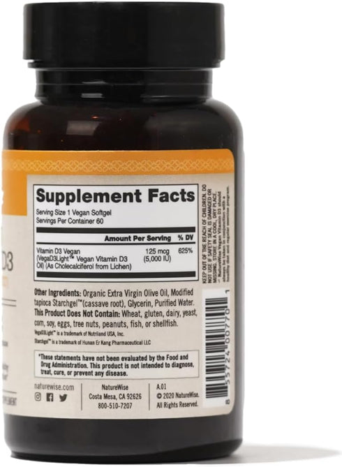 NatureWise Vitamin D3 5000iu (125 mcg) with Plant-Based Vitamin D3, 60 Softgels for Immune Health